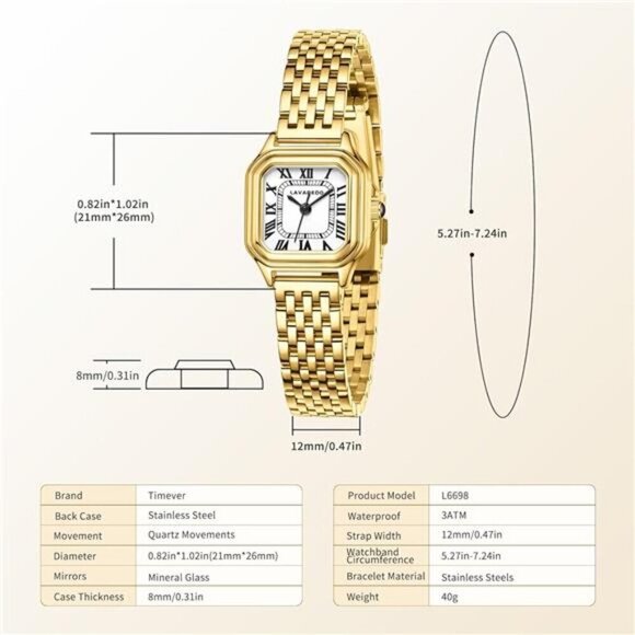 Small Square Gold Watch Roman Numerals for Women
